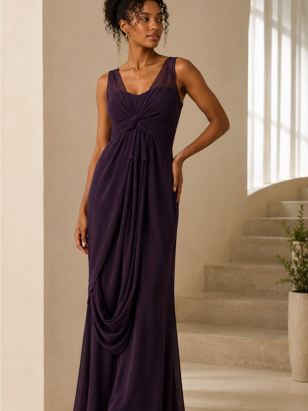 White by Vera Wang Illusion Draped Chiffon Column Gown